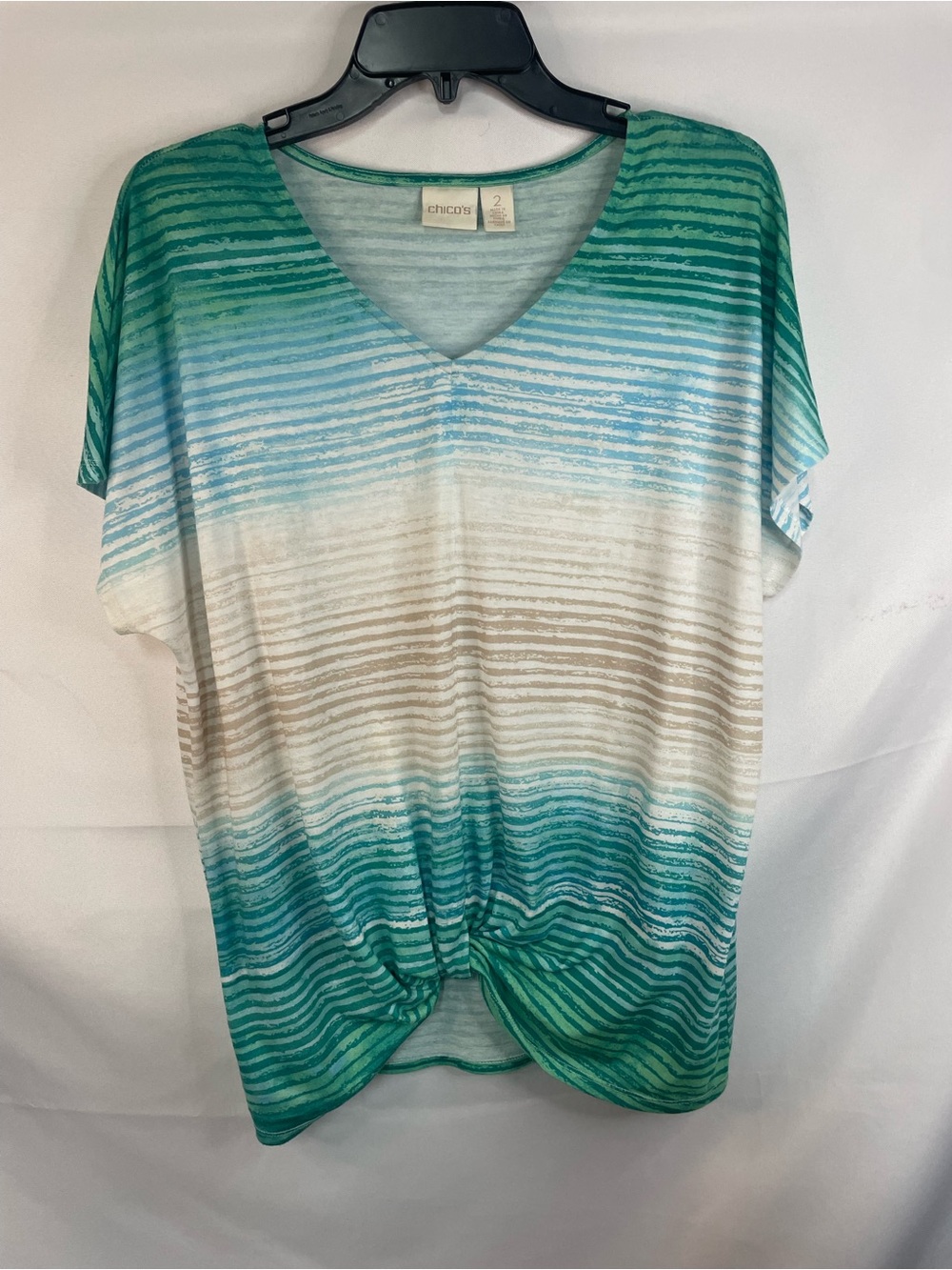 Chico's Green Ombre Stripe V-Neck Twist Front Top